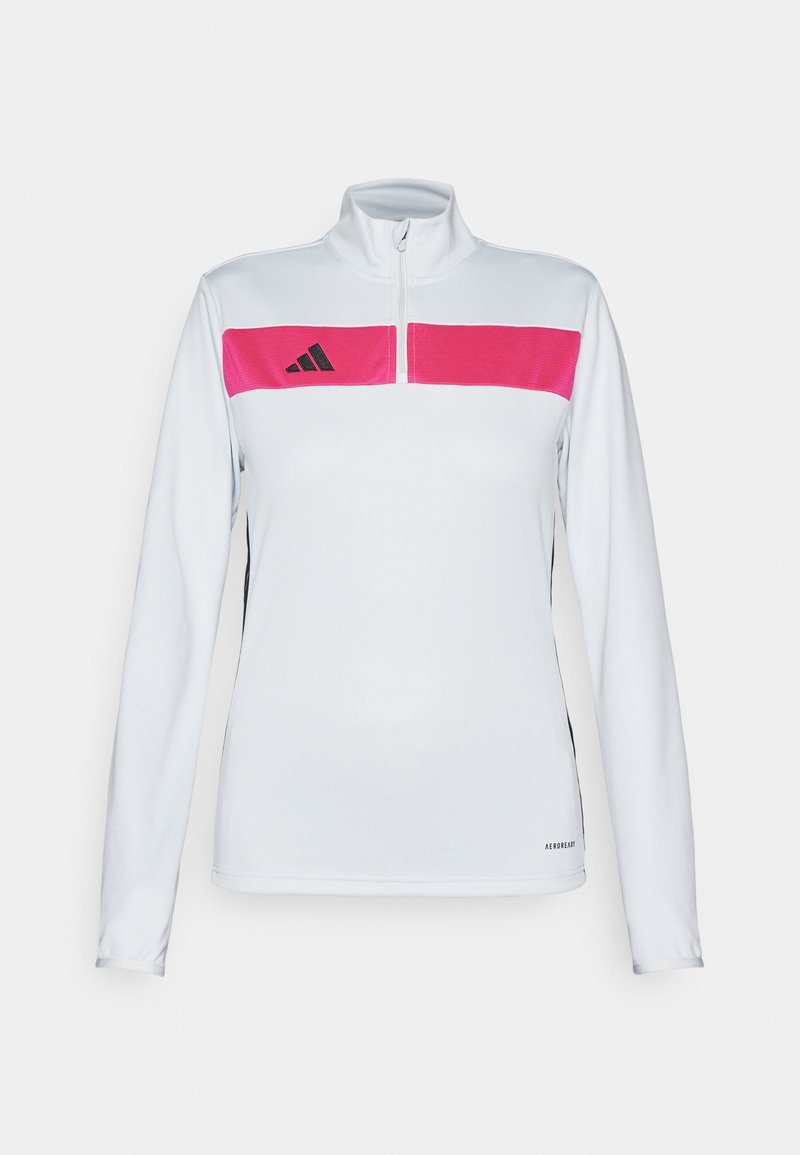 Langärmliges Sportoberteil mit einem weißen Körper, pinkem Brustpanel, schwarzen Seitenelementen und einem Reißverschlusskragen. Hergestellt aus leichtem, atmungsaktivem Material.