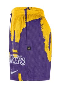 Lila und gelbe Basketballshorts der Los Angeles Lakers aus Mesh-Gewebe, mit Kordelzugbund, Teamlogo und Nike-Swoosh.