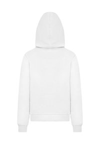 Weißer Kapuzenpullover aus einem weichen Material, mit glattem Rücken, gerippten Bündchen und einem schlichten, schnörkellosen Design.