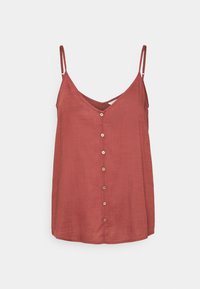 Camisole de couleur rouille avec de fines bretelles réglables, décolleté en V et boutons en bois sur le devant. Tissu léger et texturé, coupe décontractée.
