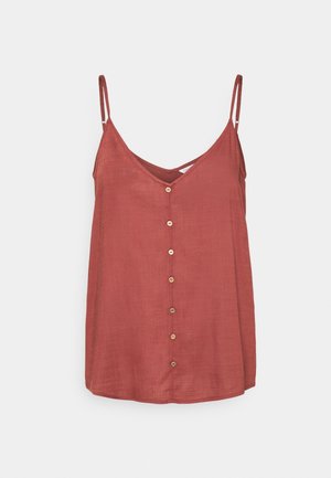 Camisole de couleur rouille avec de fines bretelles réglables, décolleté en V et boutons en bois sur le devant. Tissu léger et texturé, coupe décontractée.