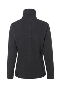 Donkergrijze fleece pullover met een hoge kraag, lange mouwen en een gladde textuur. Heeft een naaddetail op de bovenrug.