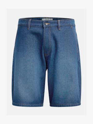 Pantaloni corti in denim con un lavaggio blu scuro, design classico a cinque tasche, chiusura con zip e bottone, e cuciture a contrasto.