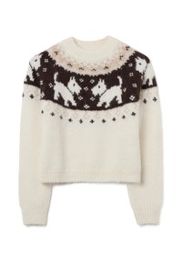 Cremfarbener Strickpullover mit cropped Design, der ein braunes und beiges Muster von Hunden entlang des Yokes sowie elastischen Bündchen und Saum hat.