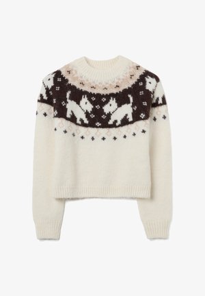 Cream-colored knit sweater with a cropped design, featuring a brown and beige pattern of dogs along the yoke and ribbed cuffs and hem.