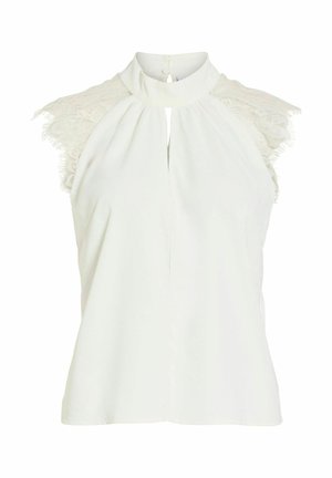 Bluză albă fără mâneci, cu guler înalt, decupaj frontal în formă de cheie și mâneci scurte din dantelă cu margini ondulate.