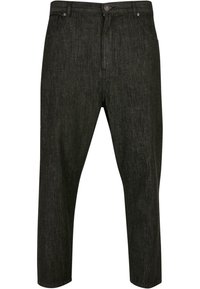 Pantalons en denim noir à coupe droite, dotés d'une fermeture à bouton, de cinq poches et d'une texture subtile, idéaux pour un look décontracté.