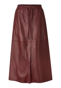 Bordeaux lederen rok met een elastische tailleband, trekkoordsluiting en een split aan de voorzijde. Heeft een gladde textuur en een A-lijn ontwerp.