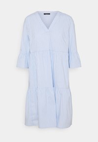 Vaaleansininen raidallinen mekko, jossa on V-pääntie, kolmen neljänneksen kellohihat ja kerroksellinen helma. Valmistettu pehmeästä kankaasta, jossa on sileä rakenne.