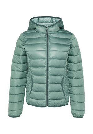 Groene gewatteerde jas met een ritssluiting aan de voorkant, capuchon en twee zijzakken. Heeft horizontale stiksels en een gladde, glanzende textuur.