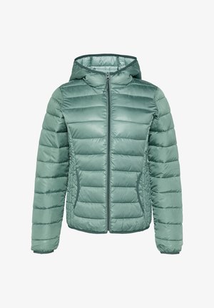 Groene gewatteerde jas met een ritssluiting aan de voorkant, capuchon en twee zijzakken. Heeft horizontale stiksels en een gladde, glanzende textuur.