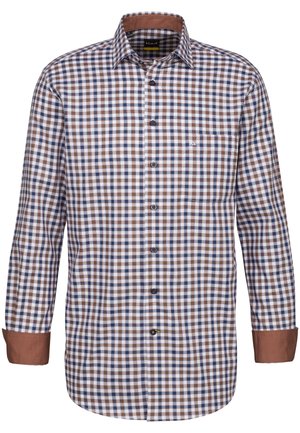 Herren Langarmhemd im braun-blauen Karomuster, mit einem Button-Down-Kragen, einer Brusttasche und kontrastierenden braunen Manschetten.