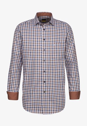 Herren Langarmhemd im braun-blauen Karomuster, mit einem Button-Down-Kragen, einer Brusttasche und kontrastierenden braunen Manschetten.