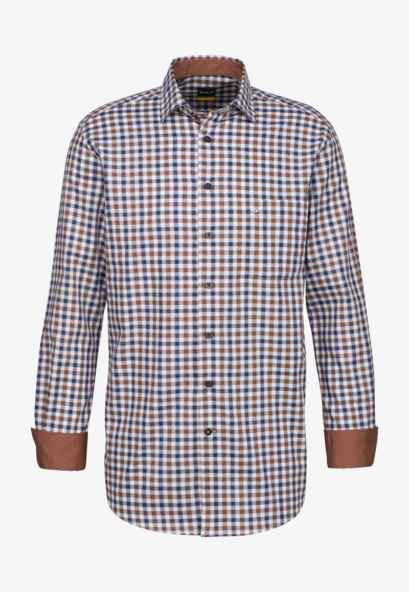 Camicia da uomo a maniche lunghe con motivo a quadri marrone e blu, dotata di colletto button-down, tasca frontale e polsini marroni a contrasto.
