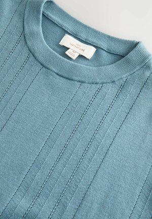 Jasnoniebieski sweter z dzianiny z okrągłym dekoltem, ściągaczami na rękawach i wertykalnymi wzorami ściegów. Metka wskazuje rozmiar M, od marki Next Signature.