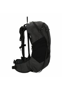 Schwarzer Rucksack mit einem Netzrückenpaneel, verstellbaren Trägern und einem schlanken Design aus einer Kombination von matten und strukturierten Stoffen.