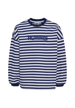 Granatowo-biała koszulka w poziome paski z długim rękawem, z ściągaczami na mankietach i wyszywanym granatowym logo „hummel” na piersi.