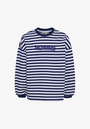Langärmliges Shirt mit horizontalen Streifen in Marineblau und Weiß, mit gerippten Bündchen und dem "hummel"-Logo in Marineblau auf der Brust gestickt.