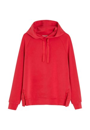 Czerwona bluza z długim rękawem, kapturem i ściągaczami, z prążkowanymi mankietami, bocznymi rozcięciami i luźnym krojem.
