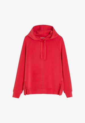 Czerwona bluza z długim rękawem, kapturem i ściągaczami, z prążkowanymi mankietami, bocznymi rozcięciami i luźnym krojem.