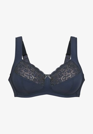 Granatowy biustonosz z koronkowym wykończeniem u góry, wykonany z miękkiego materiału, z szerokimi ramiączkami i małą kokardką na środku. Konstrukcja z fiszbinami dla lepszego wsparcia.