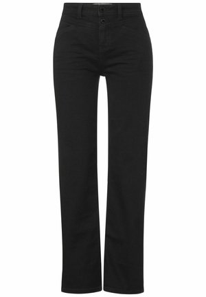 Jean noir à jambes droites, taille mi-haute, fermeture à bouton et zip, poches avant et arrière, passants pour ceinture, présenté sur fond blanc.