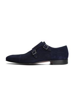 Navy blue suede dress shoe with a sleek, pointed toe design, featuring double buckle accents and a low, smooth black leather heel.