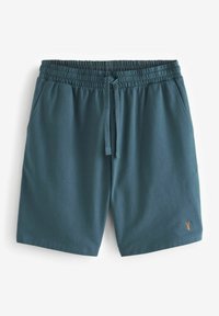 Teal cotton shorts with an elastic waistband, drawstring, two side pockets, and a small logo on the lower right leg.