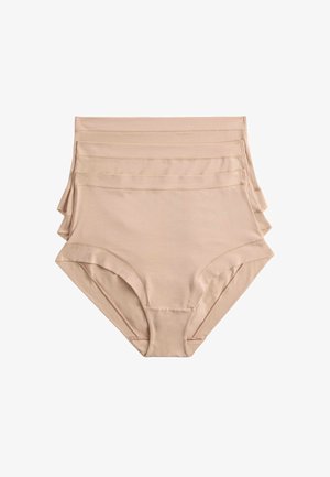 Fire stablede beige højttaljede damebomuldstrusser med rene sømme, vist fladt mod en hvid baggrund.