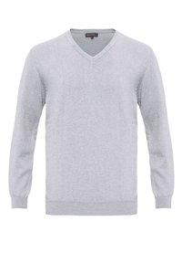 Pull tricoté pour homme à manches longues et col en V, gris clair, poignets et ourlet côtelés, taille moyenne, design uni.