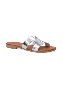 Silver metallic slide sandal with two wide straps and a smooth brown footbed. Flat sole, open toe design, and minimalist style.