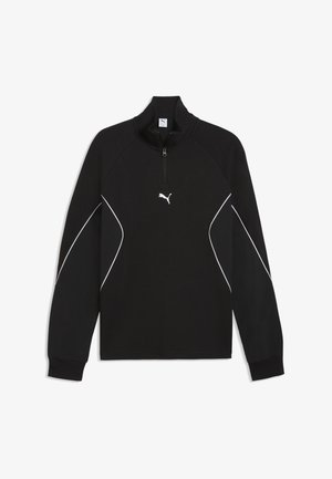 Pull-over Puma noir à manches longues avec une fermeture éclair quart, des accents de piping blancs sur les manches et les côtés, et un logo Puma central blanc sur la poitrine.