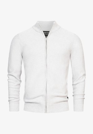 Light gray zip-up sweater with a textured knit, standing collar, and ribbed cuffs and hem. Tag visible at the bottom left side.