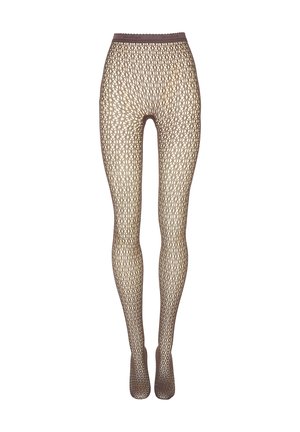 Bruine visnetpanty's met patroon en een merkband, volledig lang en de voeten bedekkend, afgebeeld tegen een witte achtergrond.