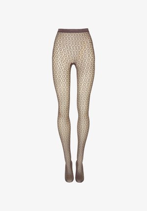 Bruine visnetpanty's met patroon en een merkband, volledig lang en de voeten bedekkend, afgebeeld tegen een witte achtergrond.