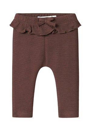 Bruine gebreide leggings met een gerimpelde tailleband en een strikdetail. De stof heeft een verheven patroon, wat een zachte uitstraling biedt.