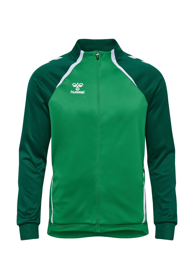 Groene sportjack met witte accenten, rits aan de voorkant, lange mouwen, gemaakt van gladde stof, met een sportief ontwerp en logo.