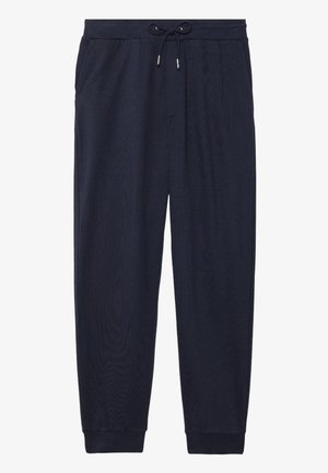 Pantalons de jogging bleu marine en tissu doux, dotés d'une taille élastique avec cordon de serrage, de poches latérales et de poignets élastiques aux chevilles.