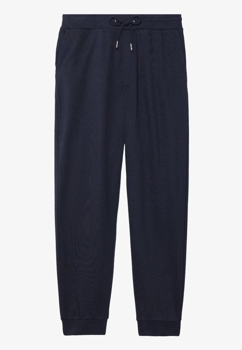 Pantaloni jogger blu navy realizzati in morbido tessuto, con cintura elastica e cordino, tasche laterali e polsini elasticizzati alle caviglie.