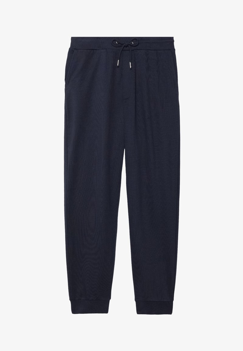 Pantaloni jogger blu navy realizzati in morbido tessuto, con cintura elastica e cordino, tasche laterali e polsini elasticizzati alle caviglie.