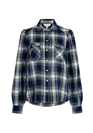 Chemise en flanelle à carreaux bleus et blancs avec des manches longues, fermeture boutonnée sur le devant, deux poches poitrine et un col structuré. Matière en mélange de coton.