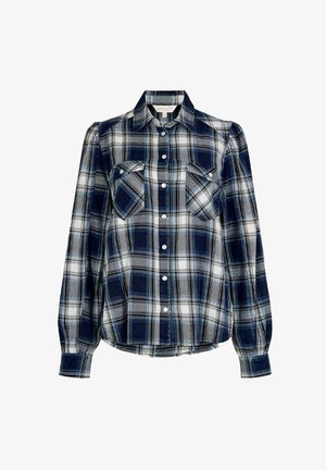 Blau-weißer karierter Flanellhemd mit langen Ärmeln, Knopfleiste vorne, zwei Brusttaschen und einem strukturierten Kragen. Material aus Baumwollmischung.