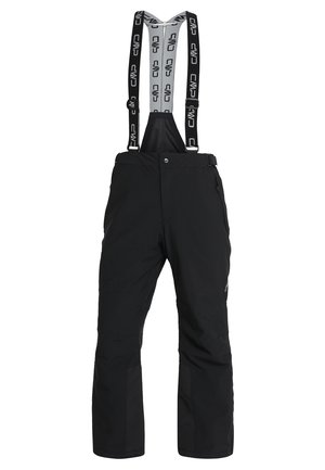 Black snow pants featuring adjustable suspenders, a zippered pocket, and a tapered leg design for optimal fit and mobility.