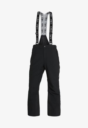 Black snow pants featuring adjustable suspenders, a zippered pocket, and a tapered leg design for optimal fit and mobility.