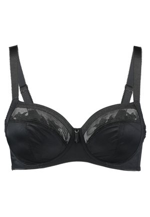 Black underwired bra with a sheer lace upper panel, adjustable straps, and smooth satin cups. Features a decorative center hardware detail.