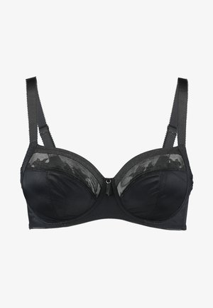Black underwired bra with a sheer lace upper panel, adjustable straps, and smooth satin cups. Features a decorative center hardware detail.