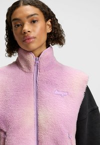Vaaleanpunainen fleece-liivi, jossa on korkea kaulus, vetoketjukiinnitys ja sävyttävä logo. Pehmeä tekstuuri, jossa on sävyeroja, kerroksittain mustan paidan päällä.