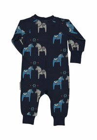 Marinblå långärmad bodysuit med ett heltryck av hästar i grått och blått, med dekorativa detaljer och ribbade manschetter.