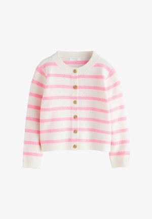 Weißer gestrickter Cardigan mit horizontalen rosa Streifen, Rundhalsausschnitt, langen Ärmeln und fünf beigen Knöpfen vorne.