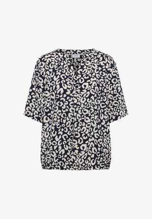 Marineblaue Bluse mit weißem abstraktem Leopardenmuster, dreiviertel Ärmeln, V-Ausschnitt mit Knopfleiste und elastischen Saumdetails.